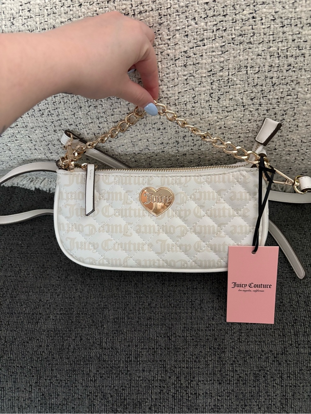 Juicy Couture White Quilted Heart Logo Mini Shoulder Bag with Gold Chain